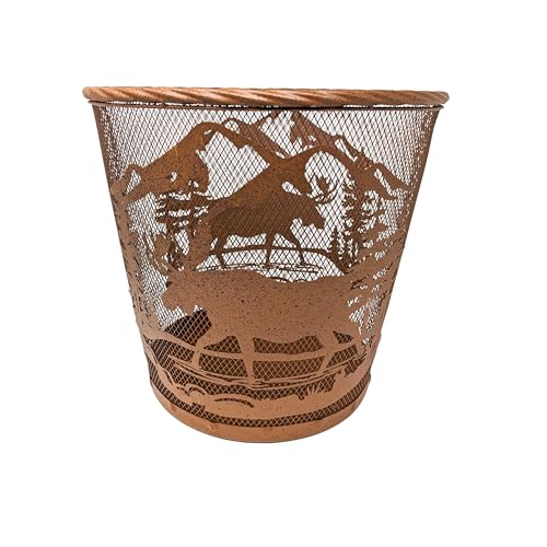 Image of Rustic Mountain Forest Moose Metal Wastebasket - Brown Mesh Trash Bin with Wildlife Design for Lodge, Cabin, or Nature-Themed Decor