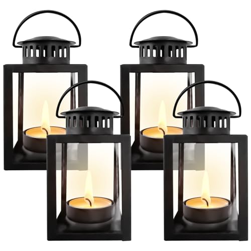 Aicharynic Farolillos de metal negro: 4 piezas de hierro portavelas farol decoración, farol negro decoración para Halloween y Navidad