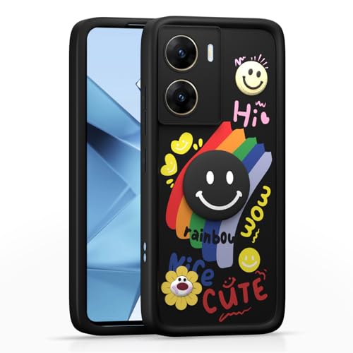 Image of Pikkme Back Cover for Vivo V29e 5G | Soft Silicone| Cute Rainbow Smile & 3D Cartoon Flower Design | Shockproof Raised Camera Protection Bumper Case (Black)