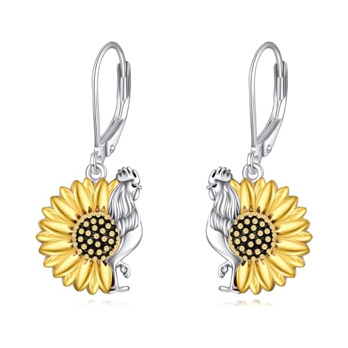 TIGER RIDER Chicken Rooster with Sunflower 925 Sterling Silver Dangle Earrings for Women Funny Animal Flower Jewelry Gifts for Birthday Christmas