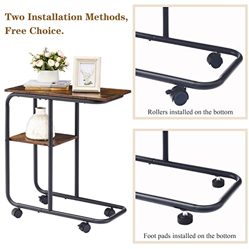 Tajsoon C Shaped End Table With Wheels, Small Side Table With Storage And Lockable Wheels,C Shaped Side Table For Couch, Sofa And Bed, Large Desktop C Table For Living Room, Bedroom, Rustic Brown #TOP3