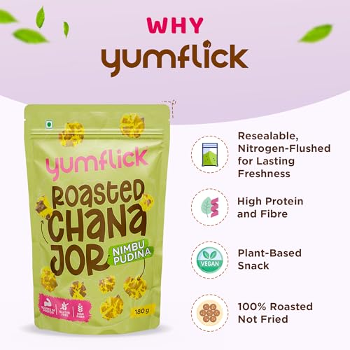 Image of Yumflick Roasted Chana Jor Nimbu Pudina Flavour | Pack of 2 x 180g | High Protein & Fibre | Roasted Not Fried | Gluten-Free | No MSG | No Palm Oil | Zero Cholesterol | Tangy Spicy Anytime Snack