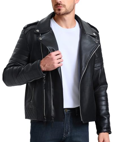 WULFUL Men's Leather Jackets, Faux Bomber Jacket for Men Motorcycle Lapel Asymmetric Zip-Up Slim Fit Biker Coat2