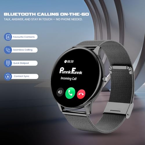 Image of PunnkFunnk Glavito Round Dial Smartwatch 1.49 inch AMOLED Display, 100+ Sports Modes, Health Tracking, Bluetooth Calling, Functional Crown Control, 100+ Watch Faces for Men & Women (Millanese Black)