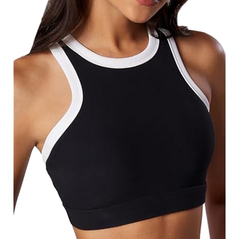 Move With You Womens Ribbed Sports Bra Tank with Padding Workout Fitness High Neck Racerback Yoga Bra(Black,M) Cover