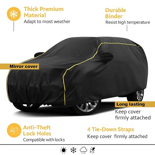 Image of Sulfar 100% Water Resistant Car Body Cover Compatible with Mirror for Maruti Suzuki Esteem (Triple Stitched, Full Bottom Elastic, Black Taffeta with Yellow Piping)