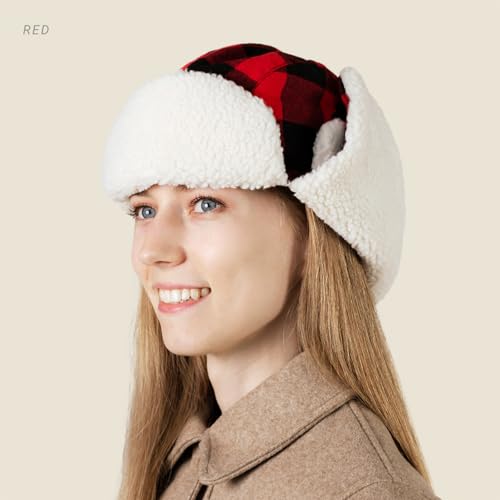 Image of Buffalo Plaid Winter Trapper Hat, Sherpa Lined Ear Flap Hunting Cap Men