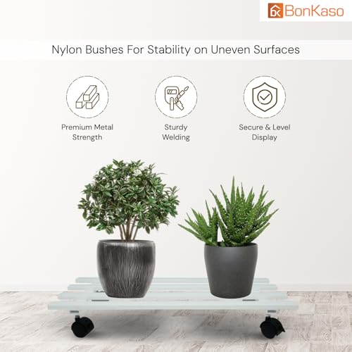 Image of BonKaso Rectangular Metal Plant Stand (Set of 4) with Wheels for Indoor & Outdoor Use (60x 22.9 x7.6 Cm) | Heavy Duty Flower Pot Holder | Holds Up to 100kg | Corner Plant Rack for Heavy Plants - White