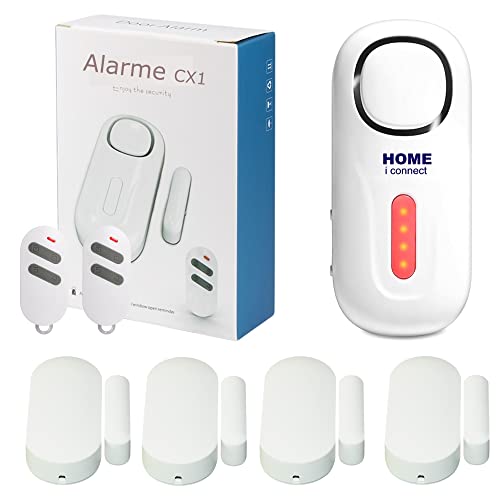 Alarme Maison - sans Fil - Porte et Fenêtre - avec 1 Sirène 120dB - 4 Détecteurs d'ouverture - 2 Tél - 8 Autocollants - Alarme Camping Car. Camera en Option