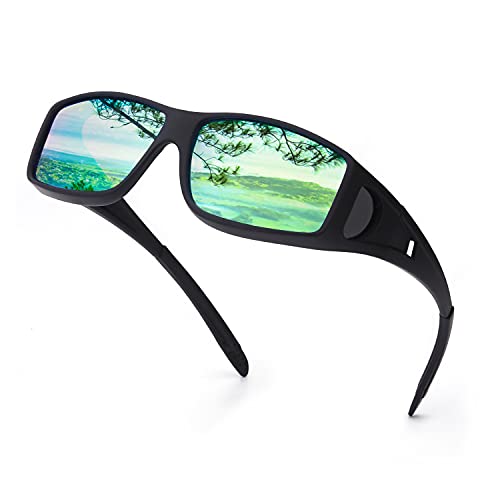 IGnaef Mirrored Solar Shield Sunglasses, Polarized Wear Over Regular Glasses, Fit Over Prescription Glasses for Driving UV Protection (A5 Matte Black Blue/Wrap Around Glasses/Polarized)
