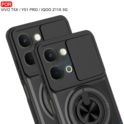 Image of AESTMO iQOO Z11X / Vivo T5X / Vivo Y51 Pro 5G Back Cover | Armor Camera Slider 360 Degree Rotating Finger Ring Holder Case with Bracket Stand & Camera Protection Back Case Cover (Black)