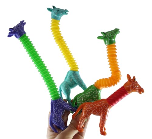 Set of 4 Cute Giraffe Neck Pull and Pop Snap Animal Expanding Flexible Accordion Tube Toy - Free Play - Open Ended Fidget Toy (Set of All 4 Colors)