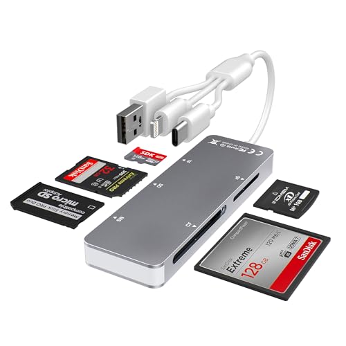 Aluminum 5-in-1 Memory Stick Pro Duo Adapter for iPhone-PC-Android, Lightning USB C USB A Multi Card Reader for SD-TF-CF-MS-XD Cards, High-Speed Data Transfer for Camera-GoPro-Drone