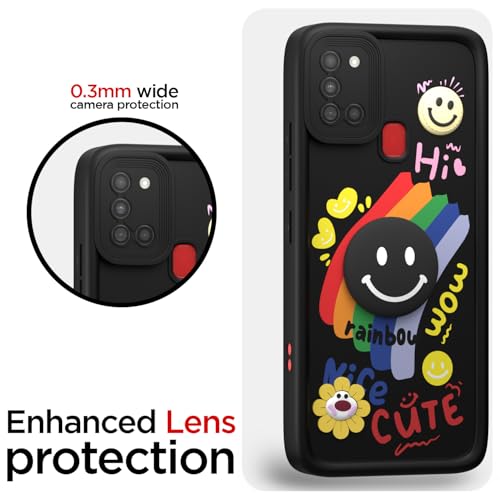 Image of Pikkme Back Cover for Samsung Galaxy A21s | Soft Silicone| Cute Rainbow Smile & 3D Cartoon Flower Design | Shockproof Raised Camera Protection Bumper Case (Black)