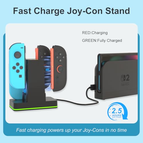 Image of PURBHE Switch 2 JoyCon Charging Dock for Nintendo Switch Controller Charger, Accessories for Nintendo 1 /2 Charging Station with RGB Light - 4 in 1 Charge Switch 2 with 60cm USB- C Power Cord