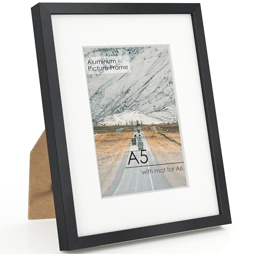FLYJOE A5 Picture Frame Black - High-End Metal Frame for Wall, Photo Frame with Mat A6, Poster Frame 5.8x8.3, Aluminum Frame and Real Glass, Diploma, Certificates, Decor, Wall Kit, Black