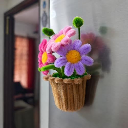 Image of XANTHIC 1Pcs Handmade Flower Pot Fridge Magnet | Colorful Chenille Flower Refrigerator Magnet | Cute Kitchen Decor Accessory | Decorative Floral Home & Office Decoration Gift