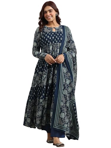 Image of Libas Printed Cotton A-Line Kurta With Churidar and Dupatta
