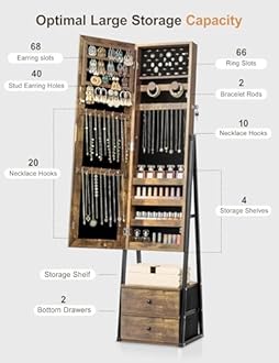 Nicetree Jewelry Cabinet Armoire, Lockable Standing Jewelry Mirror Cabinet, Full Length Mirror with Jewelry Storage, Large Storage Organizer, 2 Storage Drawers, Rustic Brown