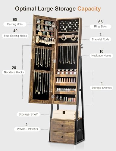 Nicetree Jewelry Cabinet Armoire with 2 Drawers, Lockable Standing Jewelry Mirror Cabinet, Full Length Mirror with Jewelry Storage, Rustic Brown