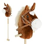 AIYAPLAY Stick Horse with Wood Wheels, Real Pony Neighing and Galloping Sounds, Grip Handle, Plush Hobby Horse Toy, 95 cm, Brown (LR44 Batteries Required)