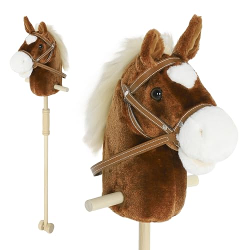 AIYAPLAY Cabeza de Caballo con Palo de Madera, Sonidos y Ruedas, Caballo de Juguete, 95 cm de Altura, Marrón