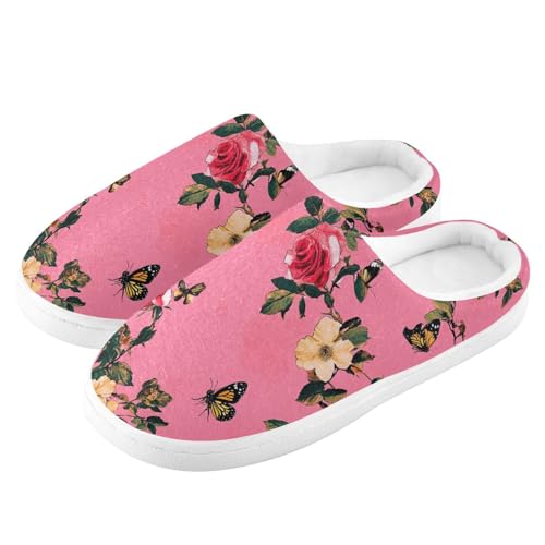 JUNZAN Aesthetic Rose Hot Pink Mens House Cotton Slipper Comfy Memory Foam Bedroom Shoes for Indoor Birthday Presents 6-74
