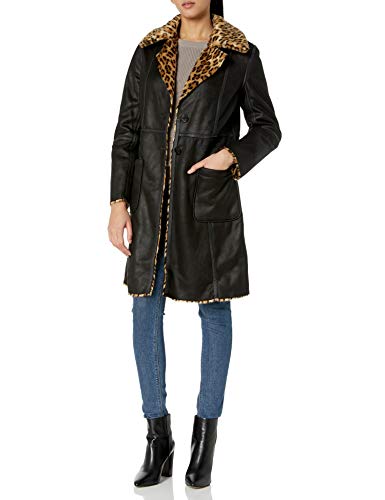 Belle Badgley Mischka Women's Raven Reversible Leather Coat with Faux Fur, Black/Leopard, XS