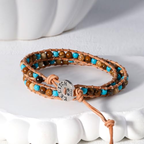 Image of KELITCH Double Wrap Bracelet Women Hand-Braided Turquoise Beads Bracelets Boho Leather Bracelets Bangle