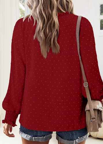 BETTE BOUTIK Women Boho Long Sleeve Shirts Dressy Casual V Neck Fall Fashion Tops Swiss Dot Flowy Blouses