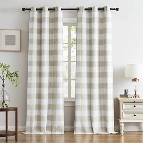 Image of Buffalo Plaid Full Blackout Window Curtains 84 Inches Long Checkered Grommet Panels Farmhouse Geo Energy Efficient Drapes Noise Reducing Thermal Window Treatment Set for Bedroom Tan White,40"x84"x2