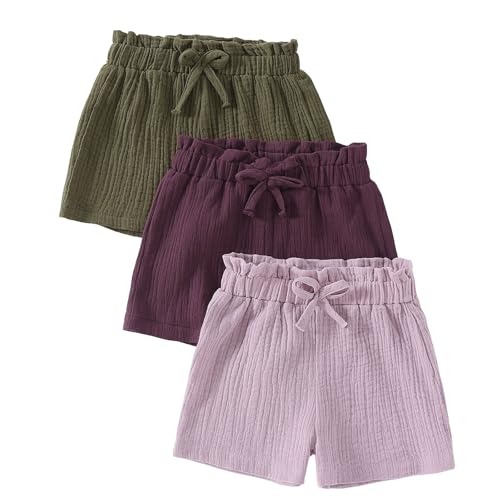 Paquete de 3 pantalones cortos de algodón para niñas, con lazo elástico, cintura alta, color sólido, transpirables, para correr, senderismo, deportes al aire libre, Morado (, 6-7 años