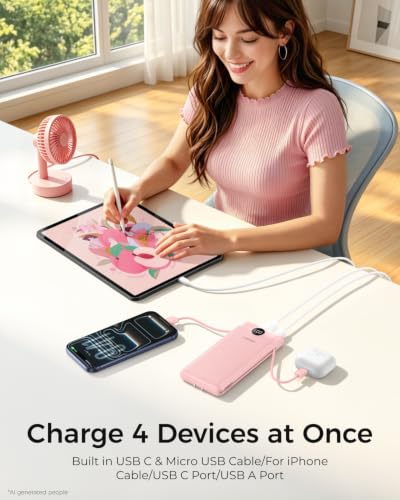 Image of VEGER Portable Charger with Built-in AC Plug and Cables, All in One 10000mAh Ultra Slim Power Bank Travel Essentials, USB C External Battery Pack Compatible with iPhone, Samsung, More, Dark Pink