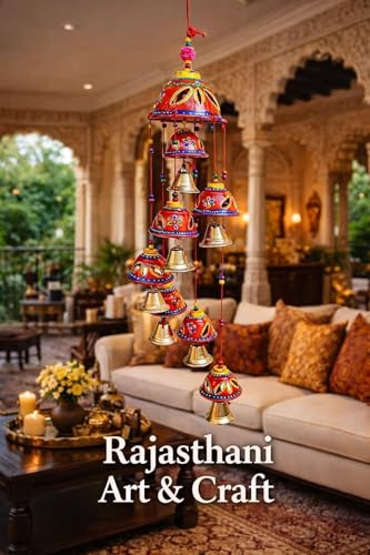 Image of Bindian Rajasthani Handcrafted 8-Bell Hanging Windchimes | Traditional Plastic Latkan for Home Decor, Vastu & Positive Energy | Elegant Wall Hanging for Balcony, Living Room (Red-2)