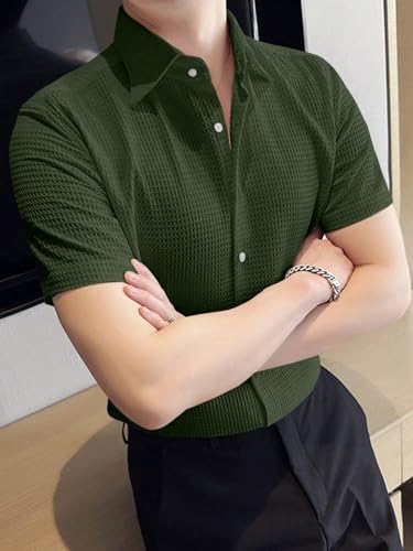 Image of GRECIILOOKS Shirt for Men | Mens Casual Shirt | Men Stylish Shirt | Men Waffle Shirt | Men's Regular Fit | Men Formal Shirt | Short Sleeve Shirt for Summer Outdoor Activities |Textured Shirts for Men
