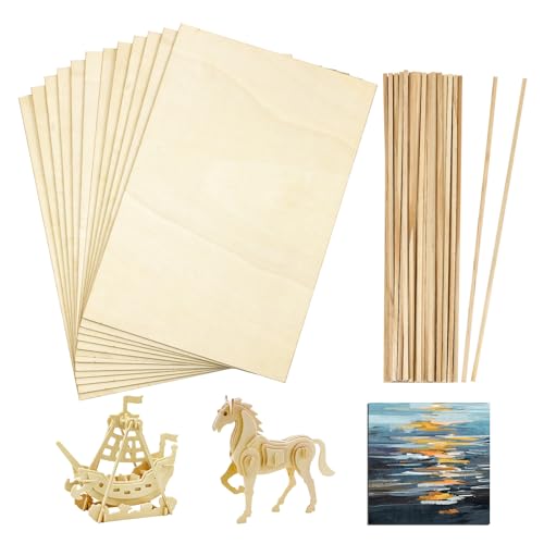 12 Pcs Balsa Wood Sheets and 50 Pieces Wooden Sticks, 20*30*0.2cm Basswood Sheets Unfinished Wood Board, for Home Decoration, DIY Crafts Projects, Woodcraft Model, Painting and Engraving (20*30*0.2cm)
