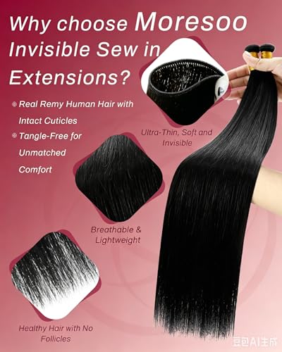 Image of Moresoo Genius Weft Hair Extensions Human Hair, Natural Black, 16 Inch 50g | Made with Remy human hair, smooth feel and natural blend for office styles, daily wear and salon looks