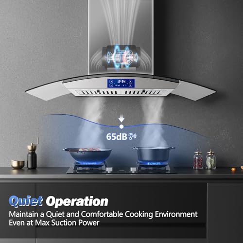 Image of Tieasy Island Range Hood 36 inch 700 CFM Ceiling Mount Kitchen Stove Hood Ducted with Tempered Glass 4 LED Lights Touch Control 3 Speed Fan Permanent Filters