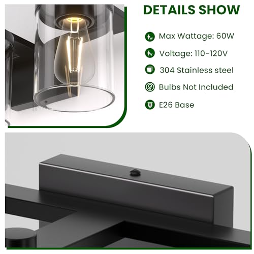 Image of Bathroom Vanity Light Fixture, 3-Light Modern Black Vanity Light Fixtures with Clear Glass Shade, Matte Black Bathroom Light Fixtures Over Mirror, Rustic Restroom Lighting Fixtures
