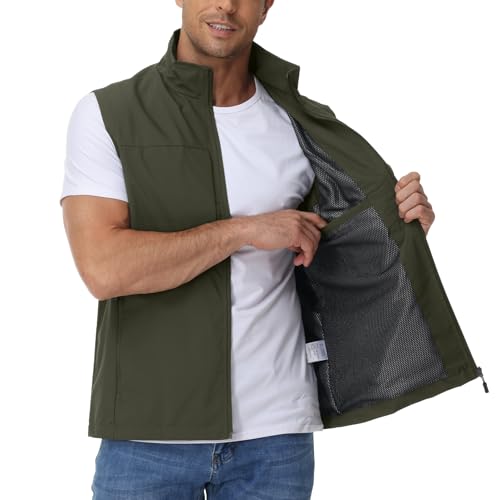 Eisctnd Men's Quick Dry Lightweight Windproof Fishing Work Safari Vest for Golf Hiking, Outdoor Travel Camping Jacket, Armygreen, Medium