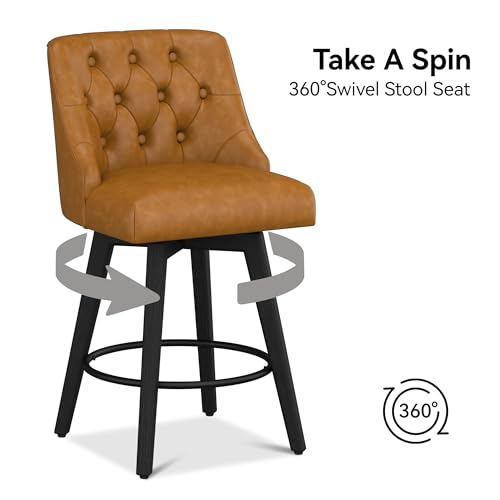 Image of Counter Height Swivel Bar Stools Set of 2, 26 inch H Seat Height Upholstered Fabric Counter Stools with Back for Kitchen Island, Faux Leather in Rustic Brown