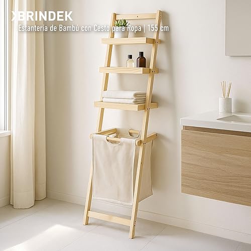 BRINDEK Mueble Organizador con estanterías y cesto Ropa Sucia extraíble | Cesta Colada Plegable de Tela Beige y Estructura Madera | Mueble lavandería Funcional y Decorativo - imagen 7