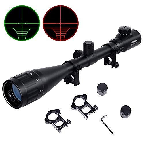 Ohuhu Hunting Rifle Scope, 6-24x50 AOE Red Green Illuminated Reticle Tactical Mil Dot Gun Sight with Free Mounts, Black