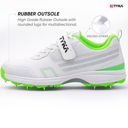 Image of TYKA Cricket Shoes Spikes for Junior | Synthetic PU Upper | Genuine Rubber and Phylon Sole | Lace Closure | Field Sports Shoes | Grip Support | Practice & Match Play