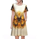 Falda retro con estampado de girasoles y mariposas para mujer, vestido de cóctel de manga corta, con bolsillos, para vacaciones casuales, Negro, L