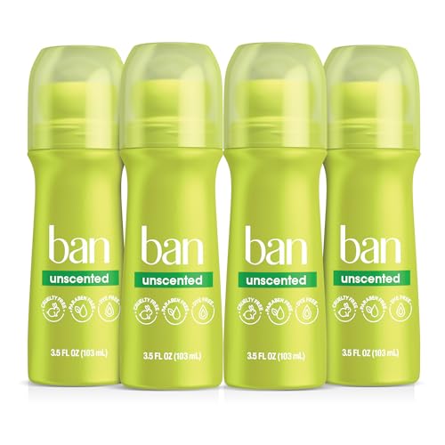 Ban Invisible Roll-on Antiperspirant Deodorant for Women and Men, 24-hour Underarm Odor & Sweat Protection, Unscented, 3.5 Oz, Pack of 4