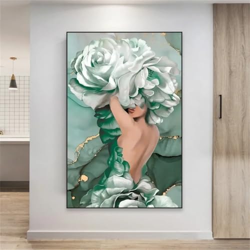 Peinture artistique de portrait de femme et impressions de fleurs vertes sur toile