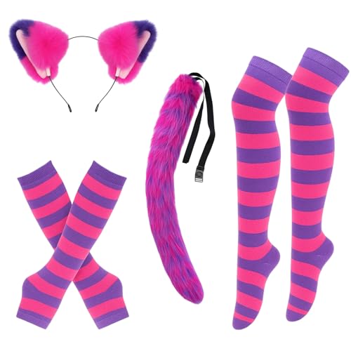 Cheshire Cat Costume Pink and Purple Striped Top Cheshire Cat 4-Piece Set with Ears Tail Gloves and Socks for Halloween Cosplay and Themed Parties