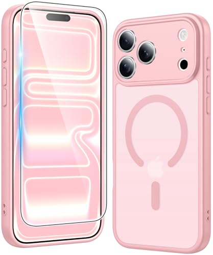 Image of FNTCASE for iPhone 17 Pro Case: Matte Magnetic Phone Cases with Screen Protector Compatible with Magsafe Slim Anti Yellowing Rugged Shockproof Protective Translucent Cell Phone Cover (C-Pink)