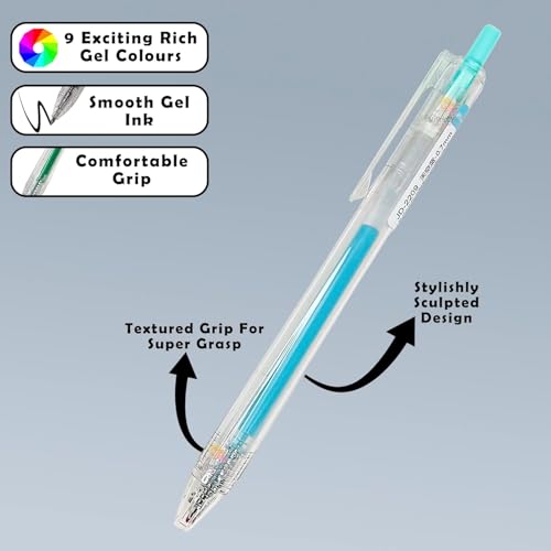 Image of WISHKEY Colorful Retractable Gel Pen Combo for Kids, Stationery Pen Set for Boys & Girls, Highlighter for Class Drawing, Project, Journaling, Art and Craft for School Students (Pack of 9, Multicolor)